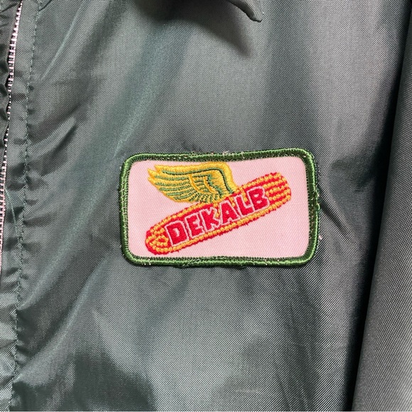 K brand Vintage Jacket Green Large DEKALB Patch Full Zip 70's 80's Nylon Farmer - Picture 3 of 16